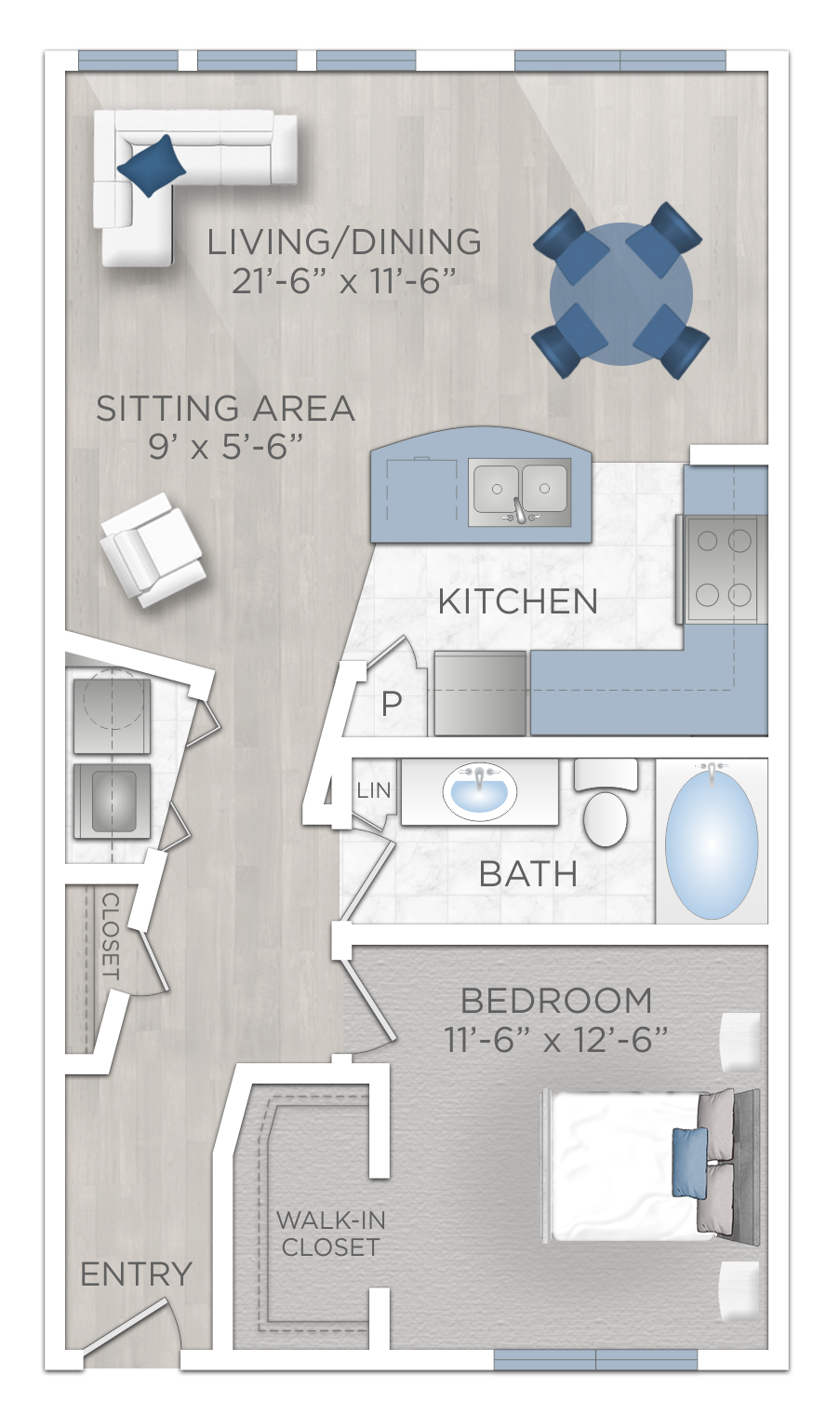 Floor plan for 1 bed, 1 bath, 869 sqft