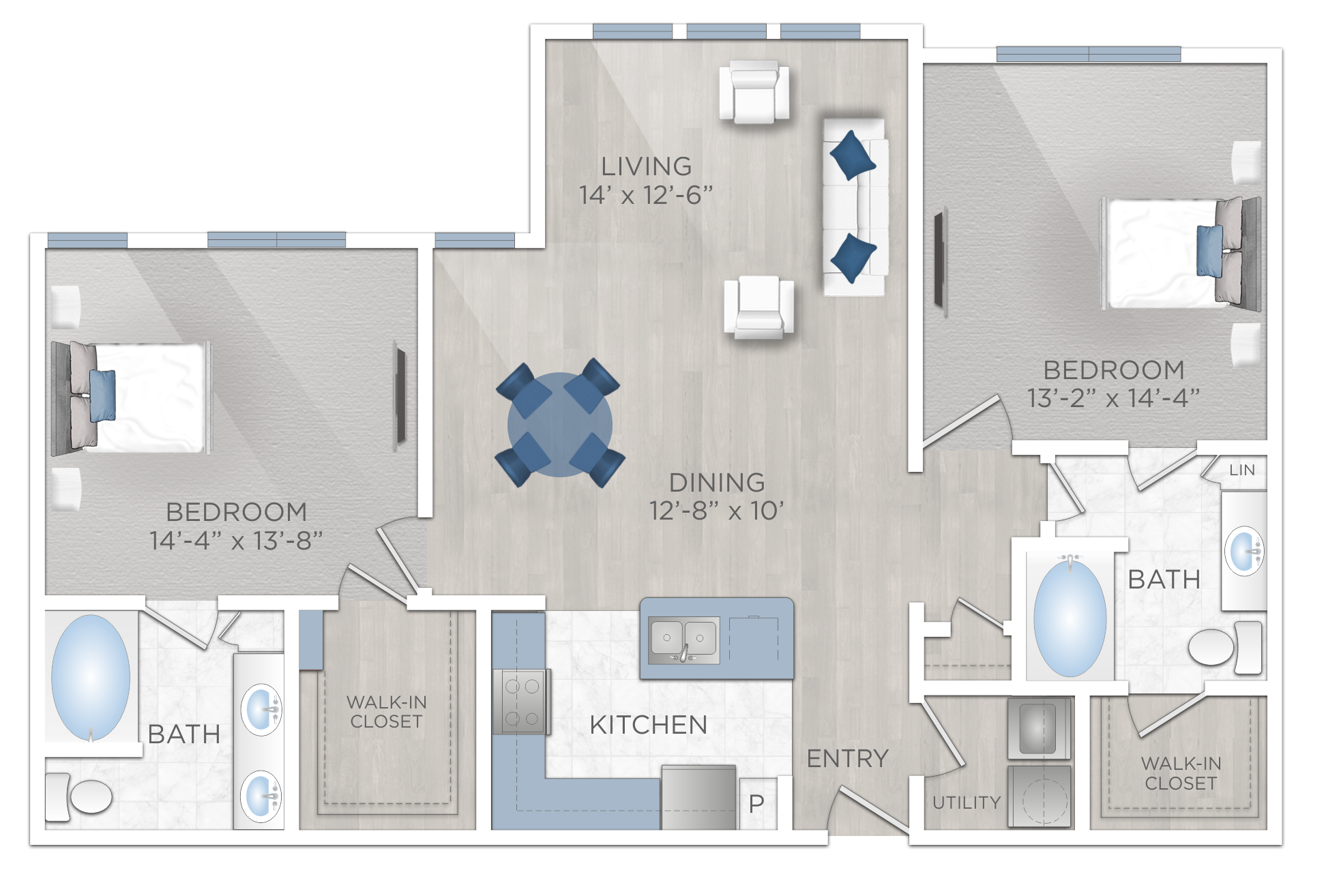 Floor plan for 2 beds, 2 baths, 1297 sqft