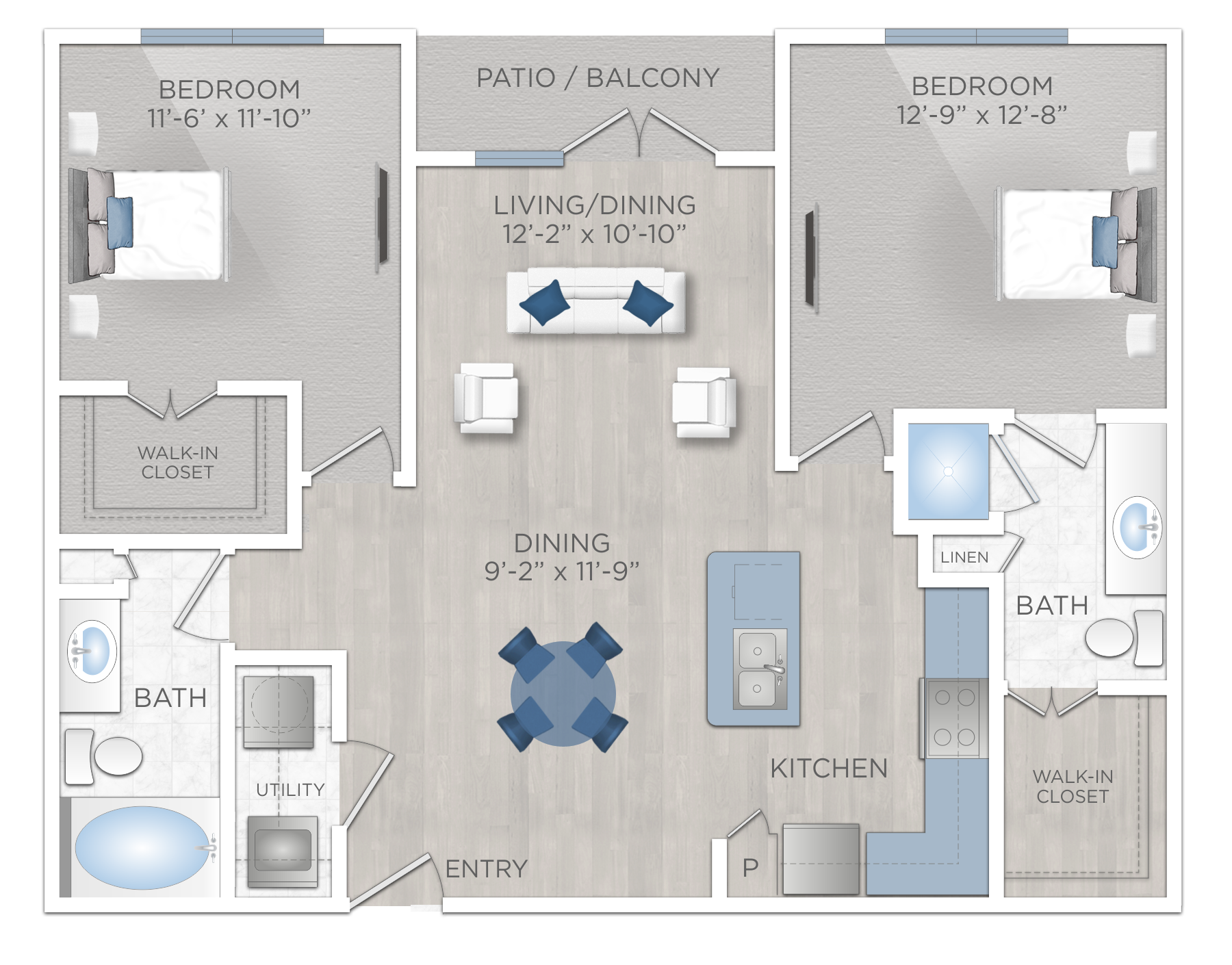 Floor plan for 2 beds, 2 baths, 1072 sqft