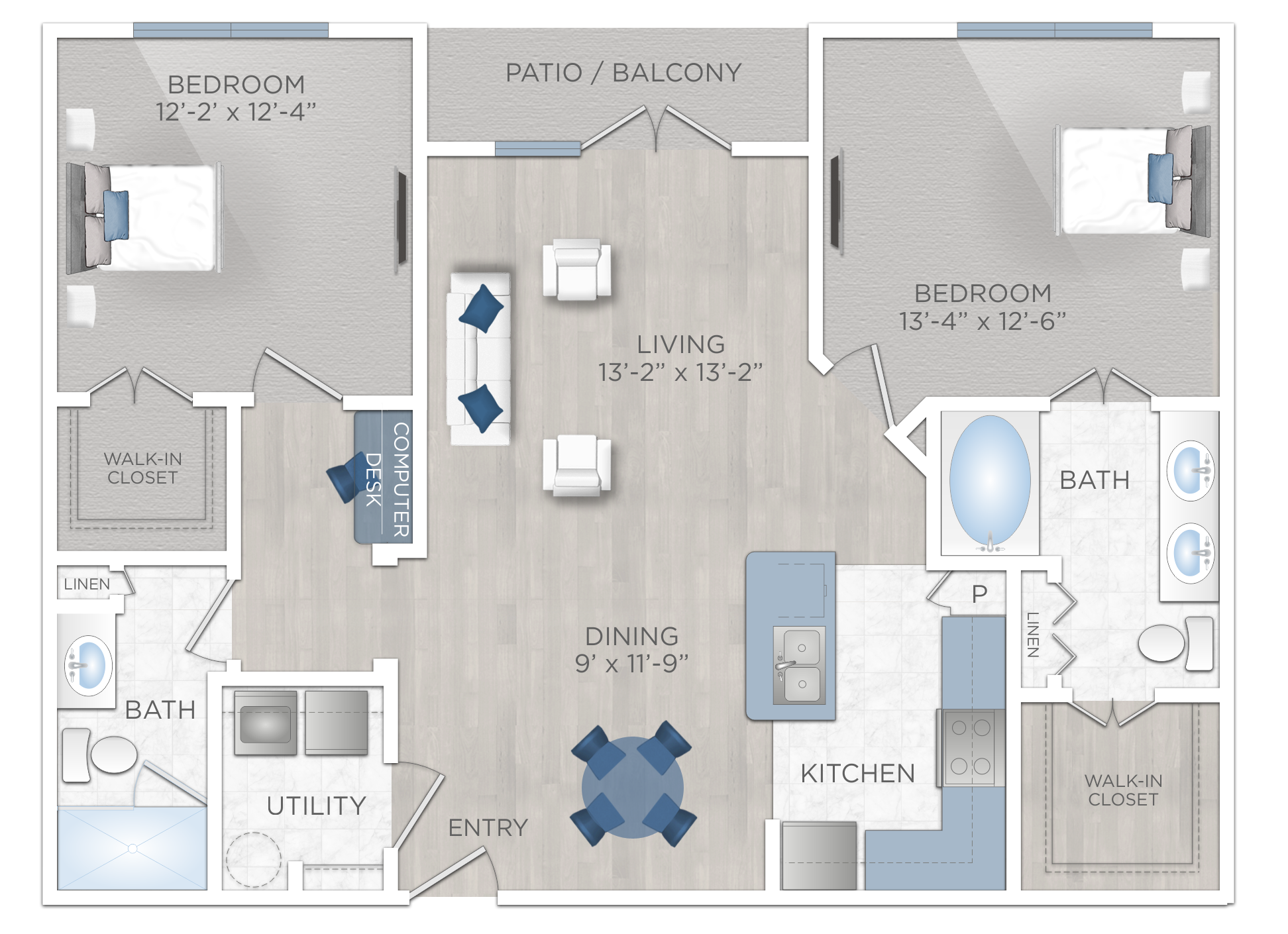 Floor plan for 2 beds, 2 baths, 1143 sqft