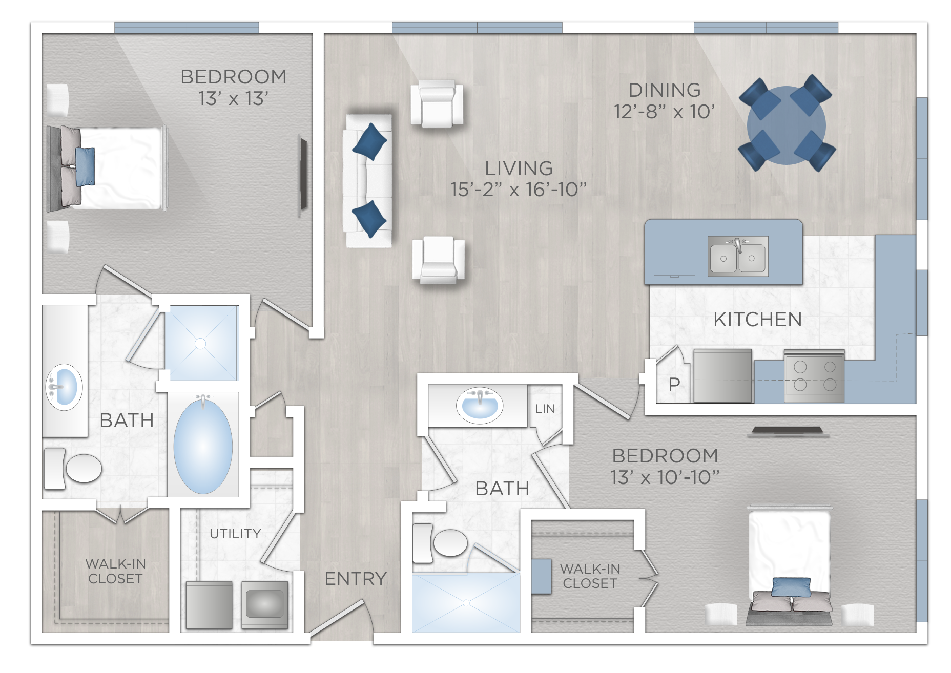 Floor plan for 2 beds, 2 baths, 1260 sqft