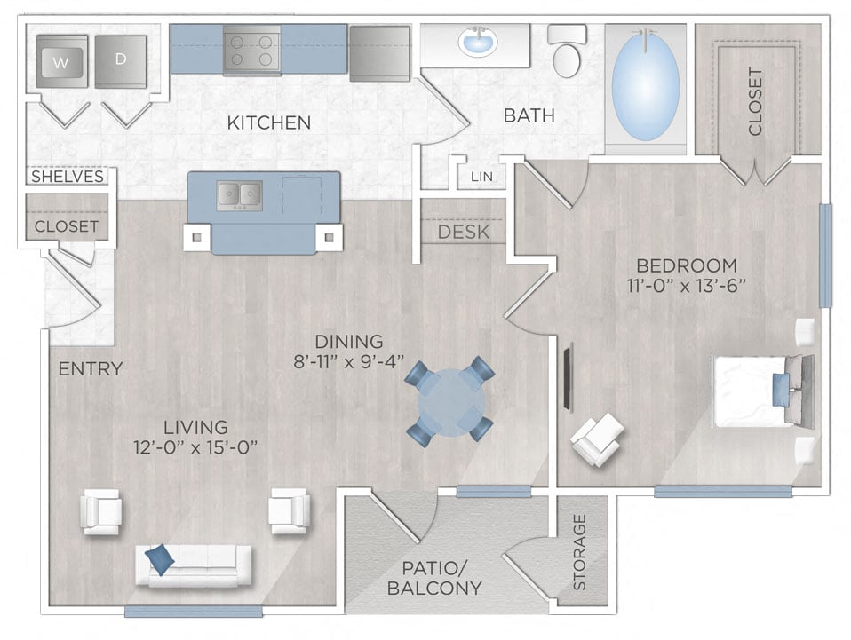 Floor plan for 1 bed, 1 bath, 733 sqft