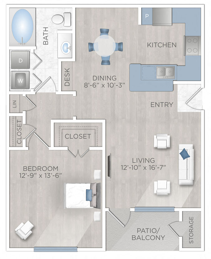 Floor plan for 1 bed, 1 bath, 802 sqft