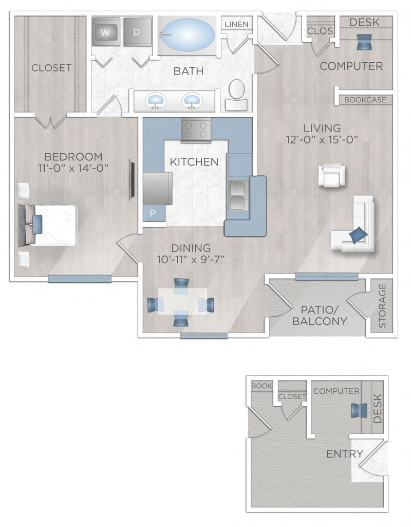 Floor plan for 1 bed, 1 bath, 860 sqft