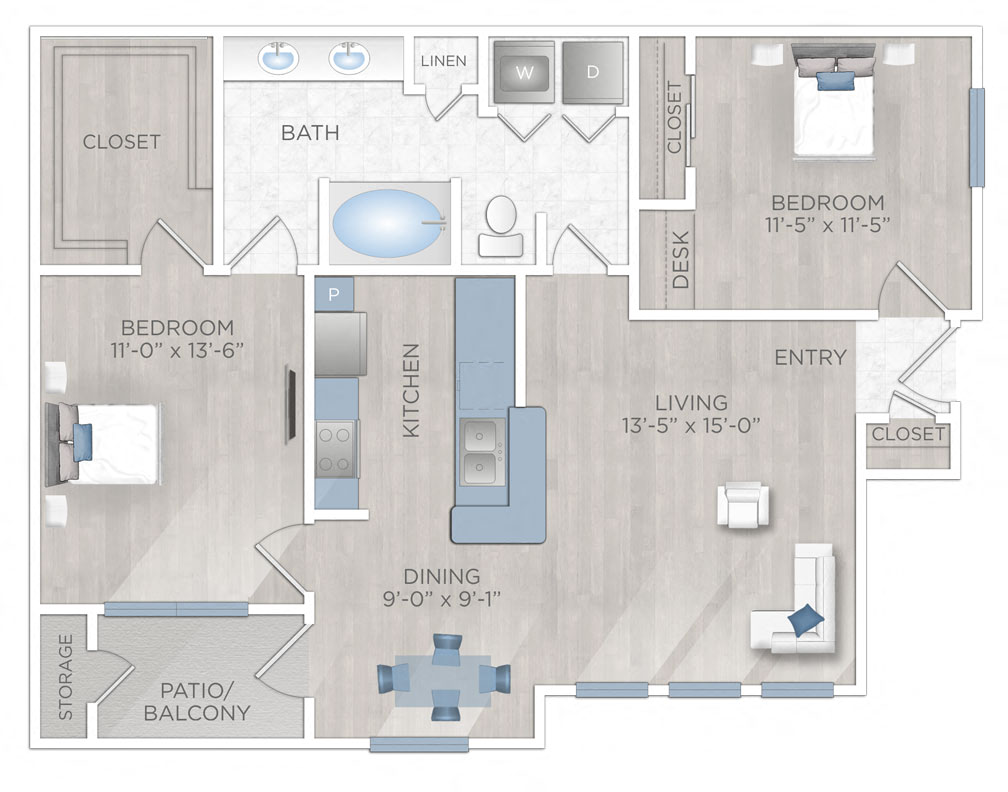 Floor plan for 2 beds, 1 bath, 1109 sqft