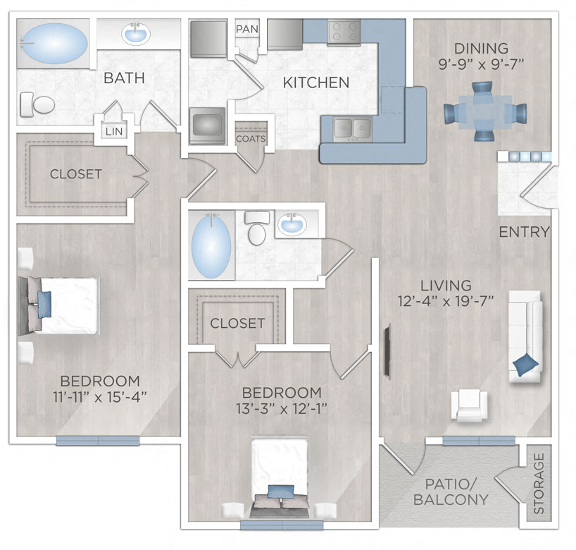 Floor plan for 2 beds, 2 baths, 1252 sqft
