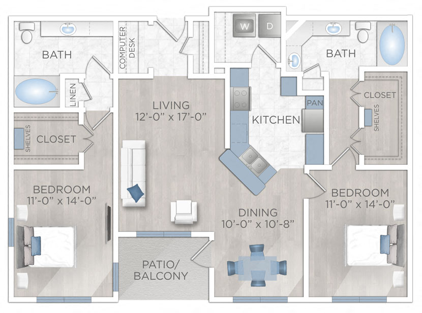 Floor plan for 2 beds, 2 baths, 1300 sqft