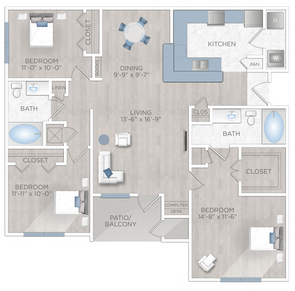 Floor plan for 3 beds, 2 baths, 1331 sqft