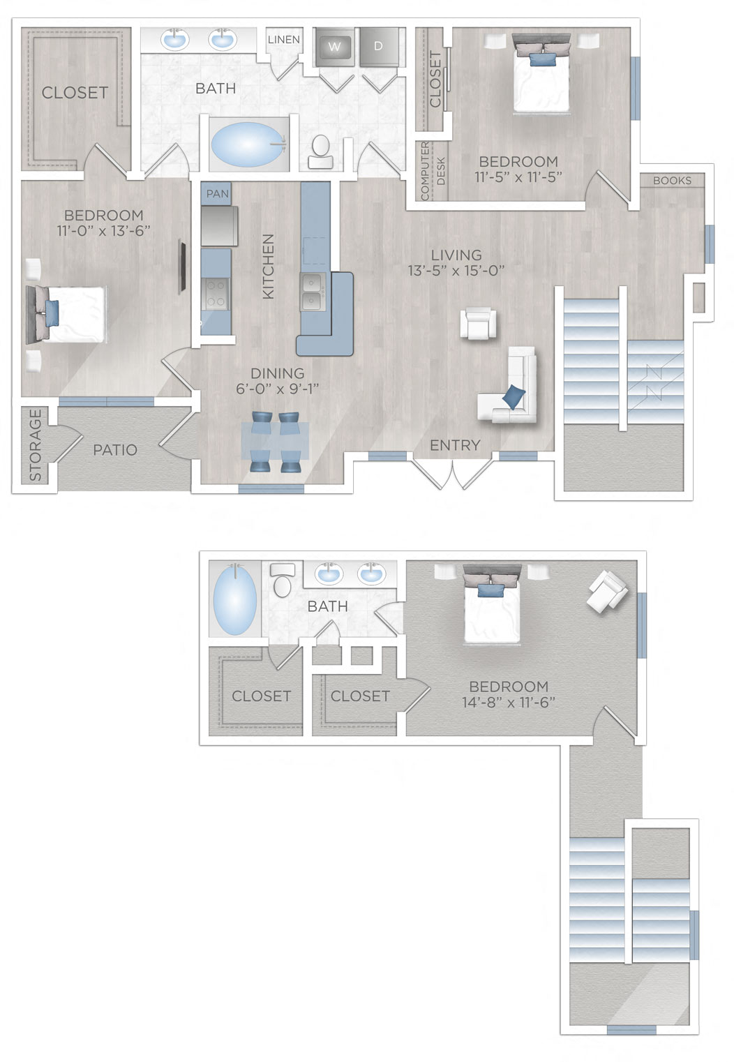Floor plan for 3 beds, 2 baths, 1480 sqft