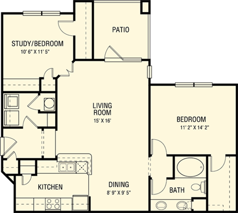 Floor plan for 2 beds, 1 bath, 1037 sqft