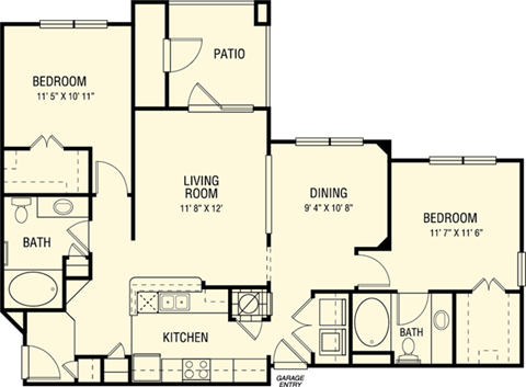 Floor plan for 2 beds, 2 baths, 1206 sqft