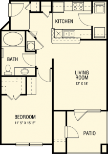 Floor plan for 1 bed, 1 bath, 696 sqft
