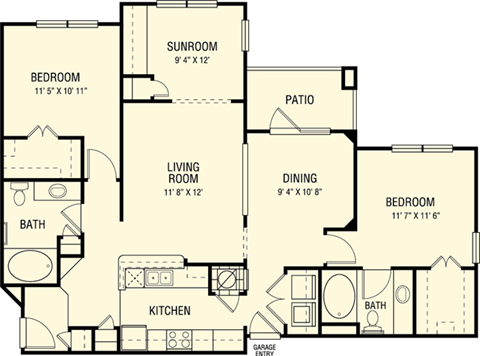 Floor plan for 2 beds, 2 baths, 1290 sqft