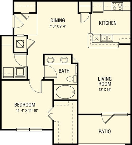Floor plan for 1 bed, 1 bath, 867 sqft