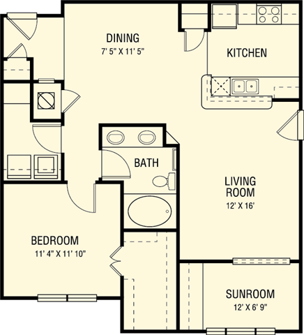 Floor plan for 1 bed, 1 bath, 976 sqft