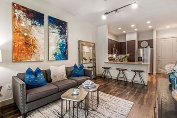 Houston apartment for rent - A living room with a grey couch and a painting on the wall.