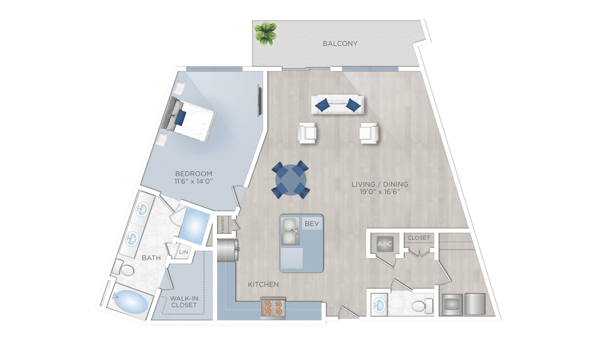 Floor plan for 1 bed, 1.5 baths, 1129 sqft