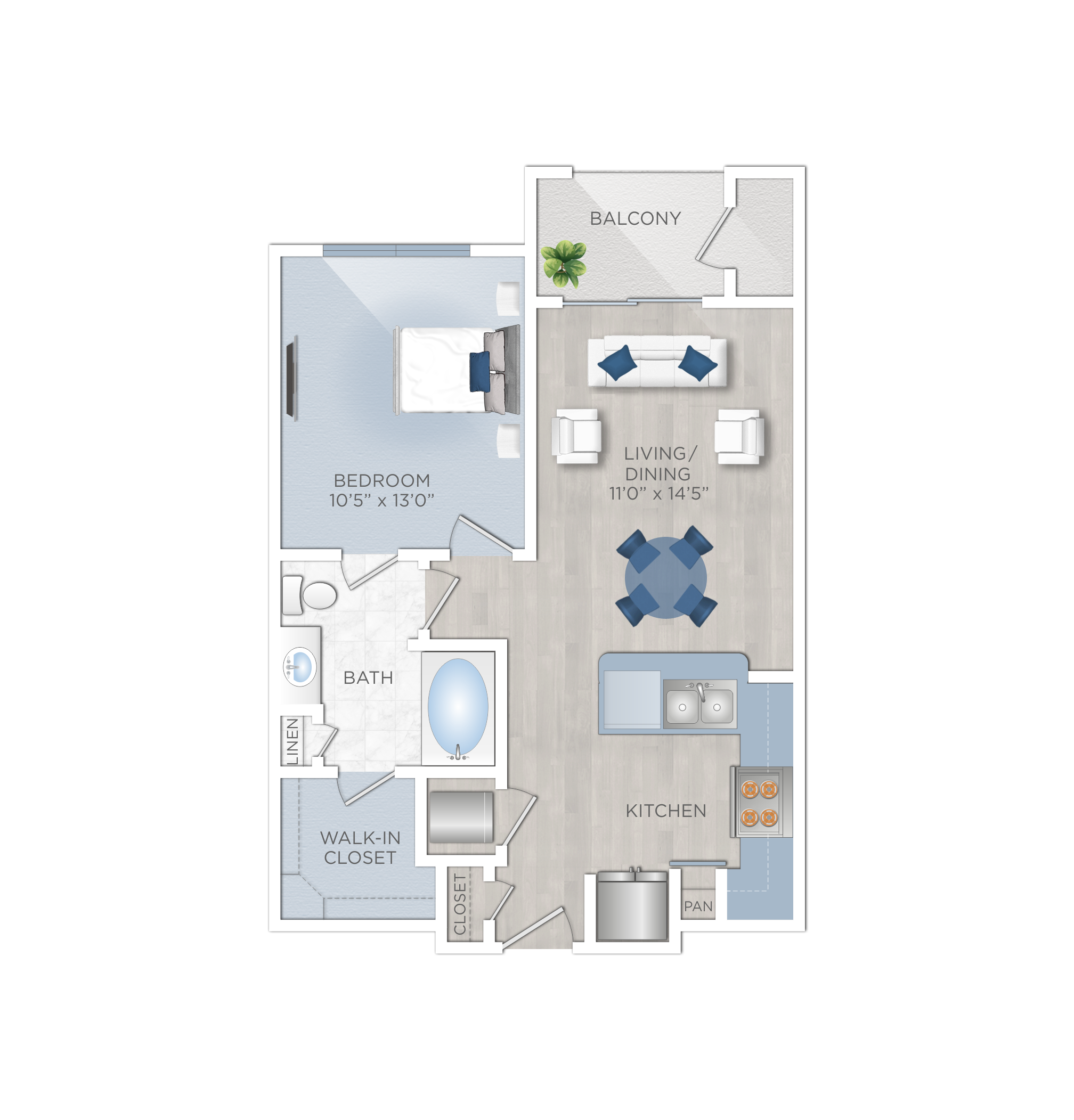 Floor plan for 1 bed, 1 bath, 631 sqft