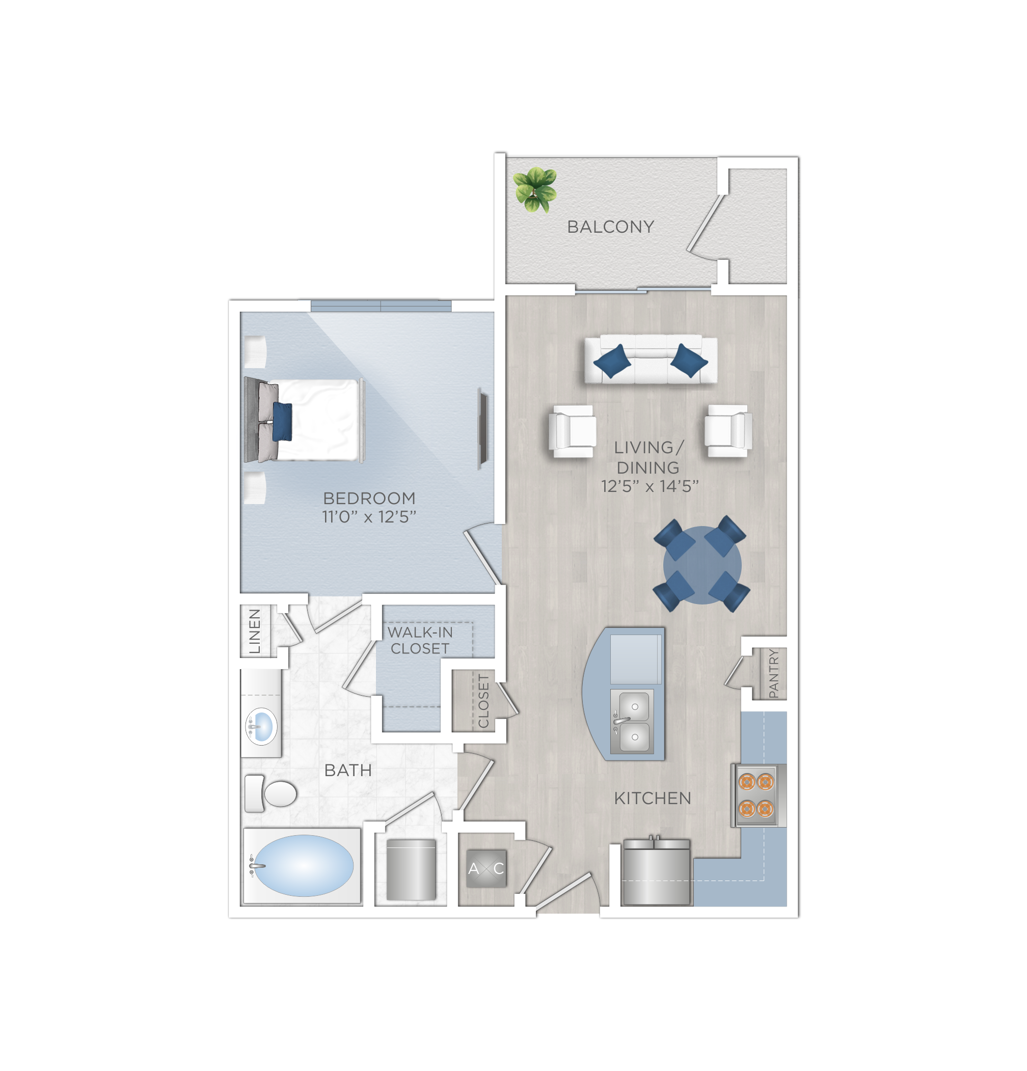 Floor plan for 1 bed, 1 bath, 664 sqft