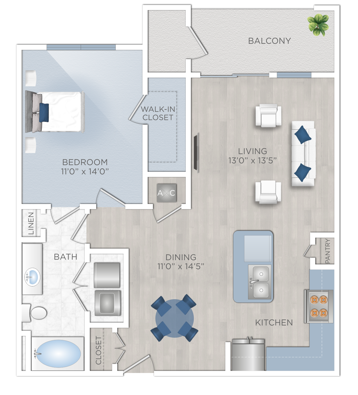 Floor plan for 1 bed, 1 bath, 800 sqft