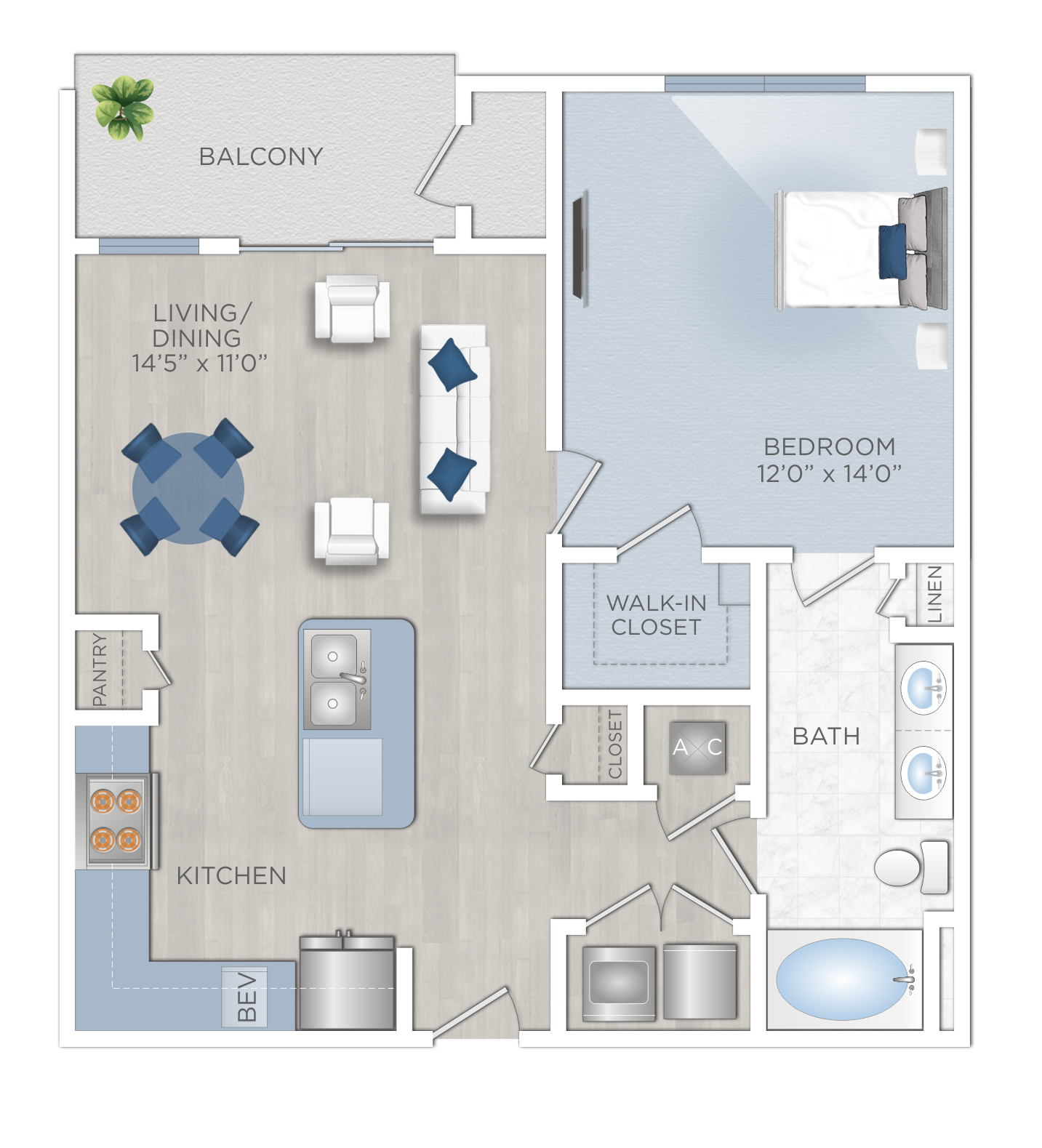 Floor plan for 1 bed, 1 bath, 749 sqft