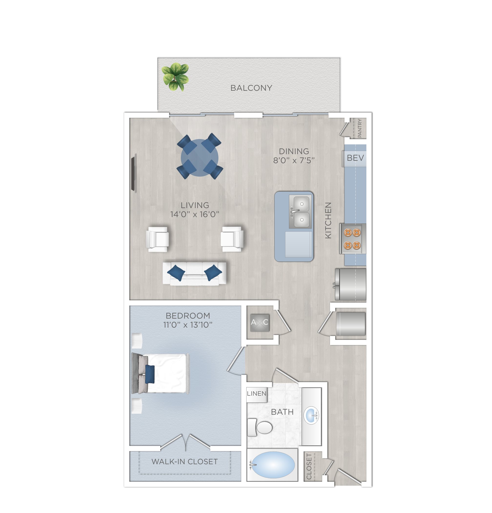 Floor plan for 1 bed, 1 bath, 856 sqft