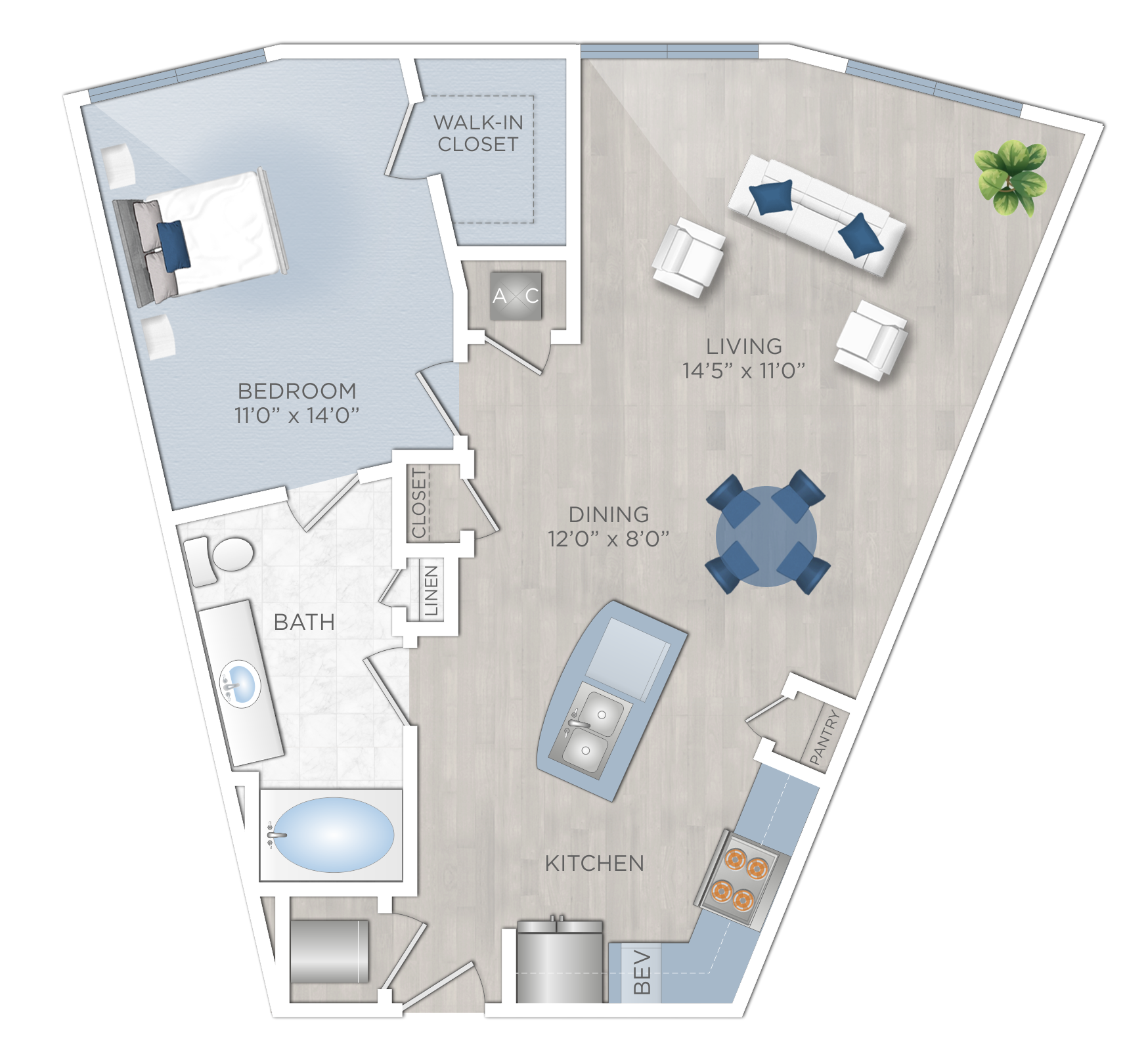 Floor plan for 1 bed, 1 bath, 908 sqft
