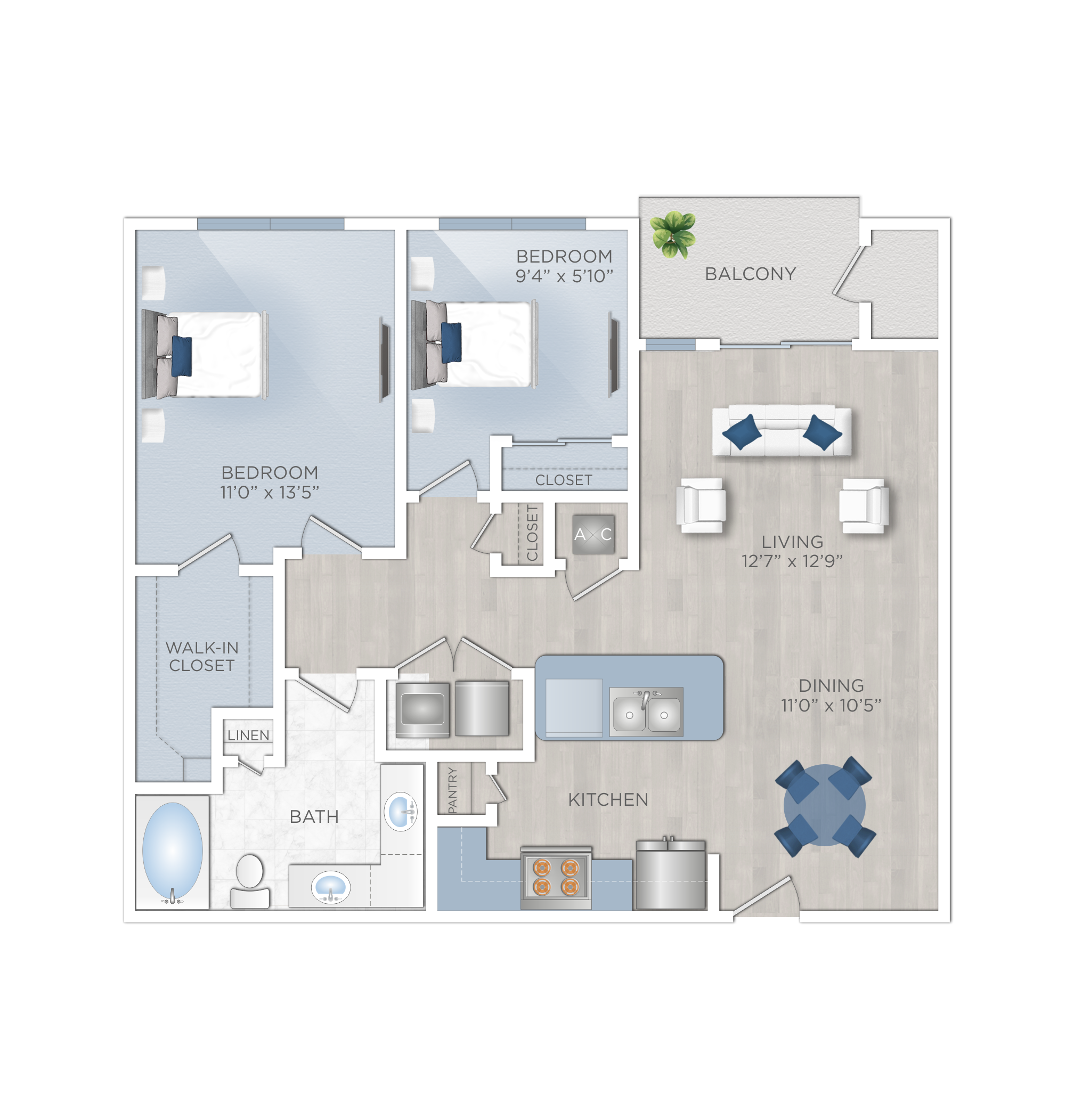 Floor plan for 2 beds, 1 bath, 946 sqft