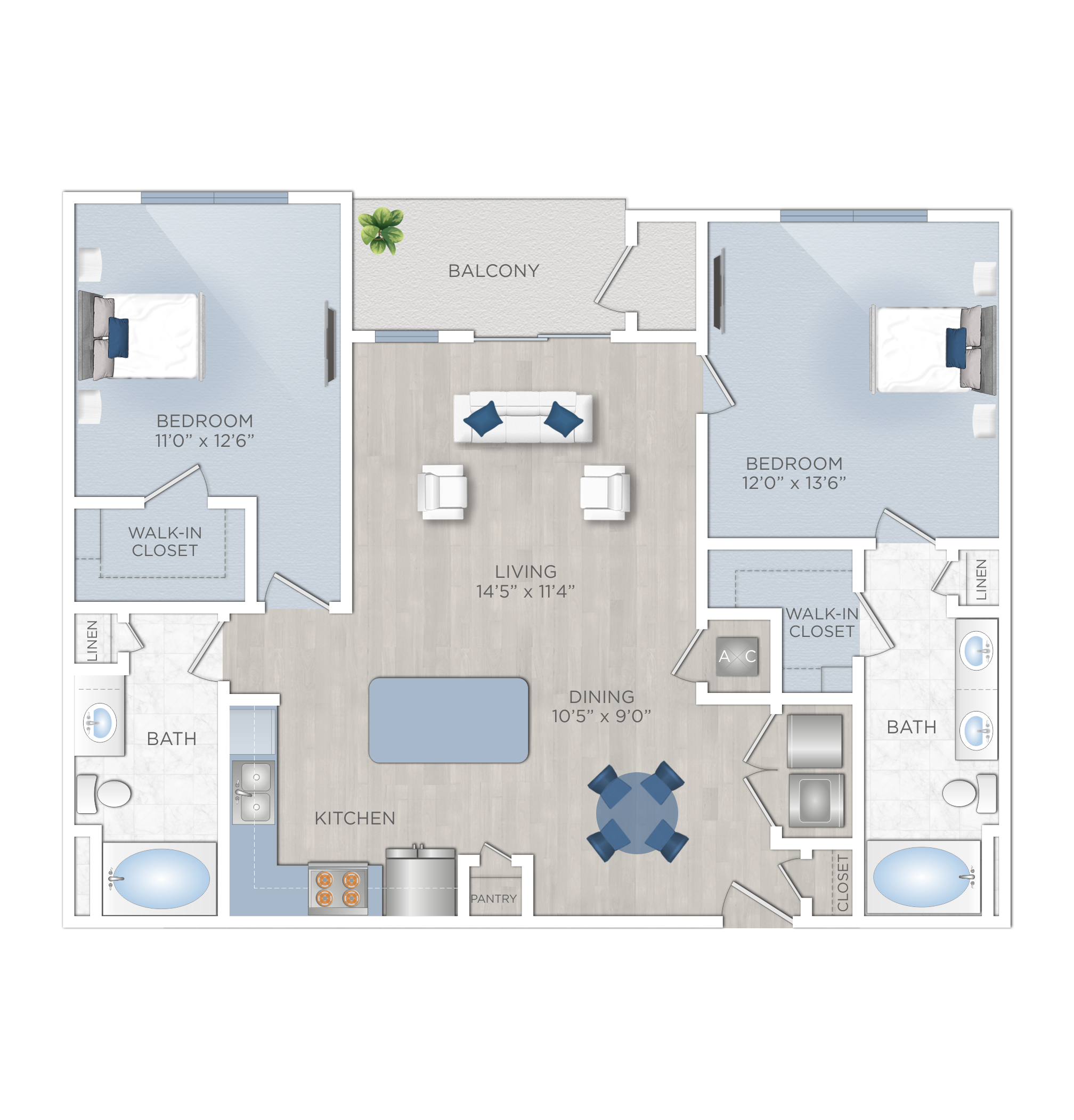 Floor plan for 2 beds, 2 baths, 1097 sqft