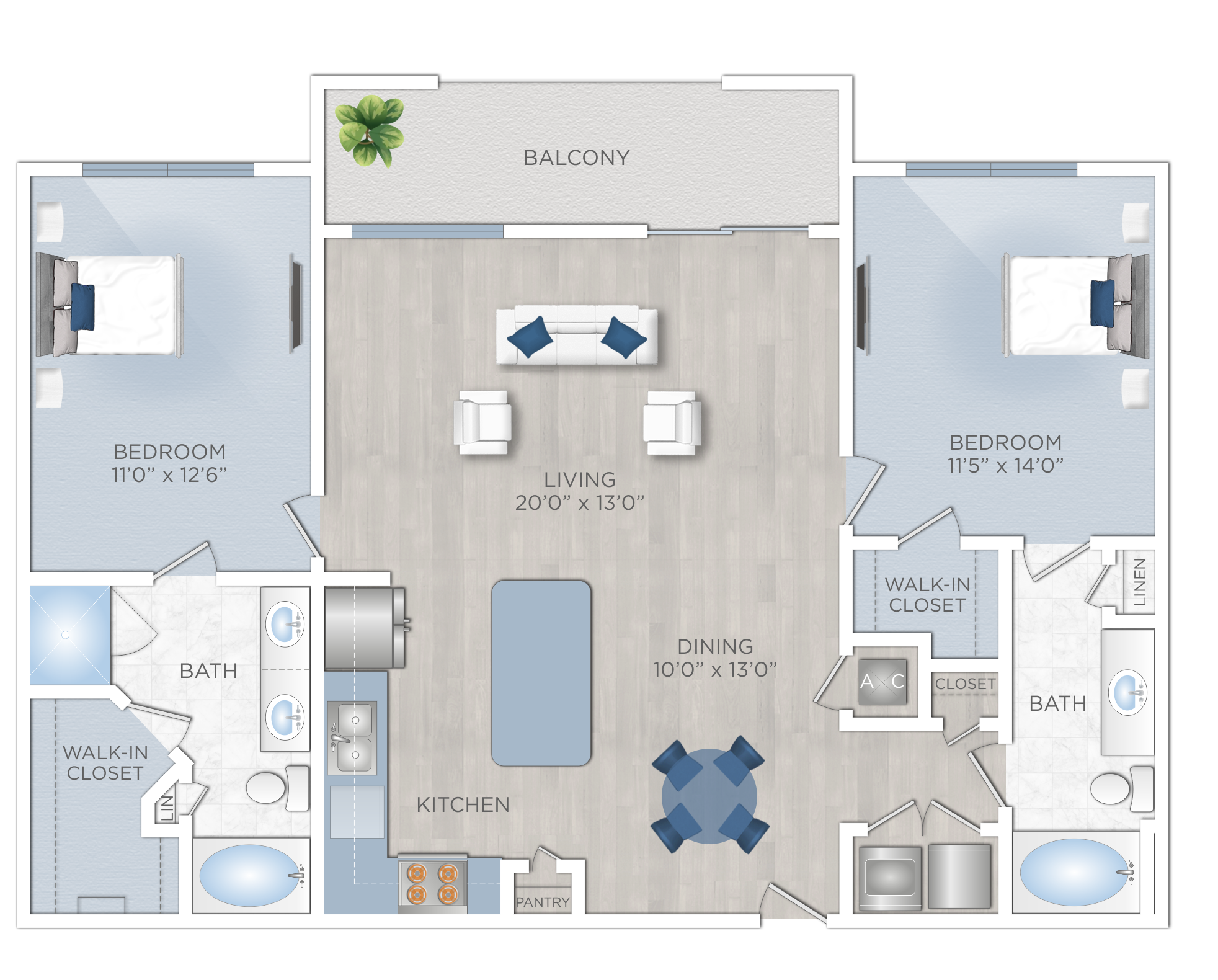 Floor plan for 2 beds, 2 baths, 1249 sqft