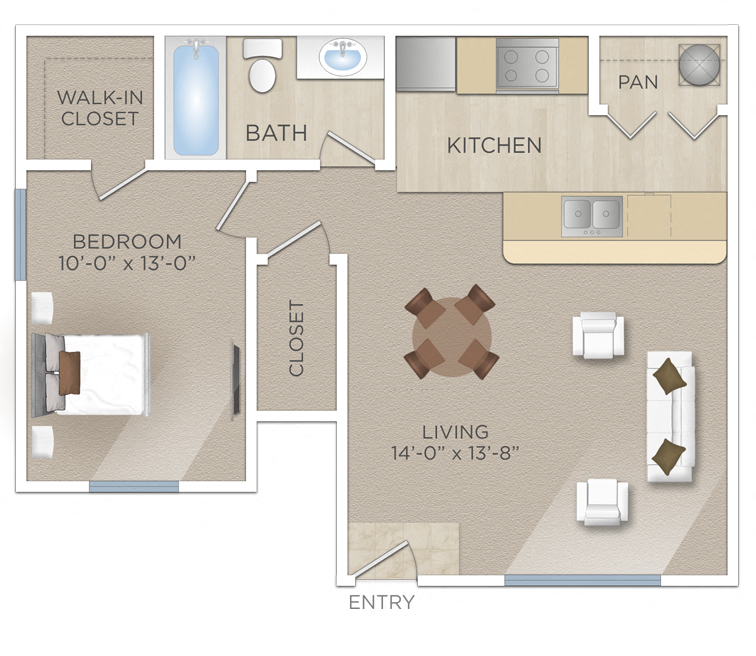 Floor plan for 1 bed, 1 bath, 622 sqft