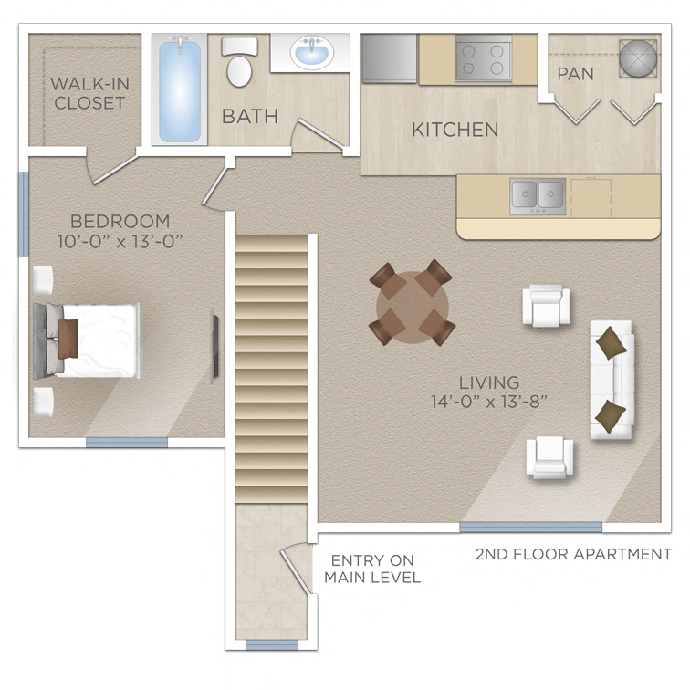 Floor plan for 1 bed, 1 bath, 649 sqft