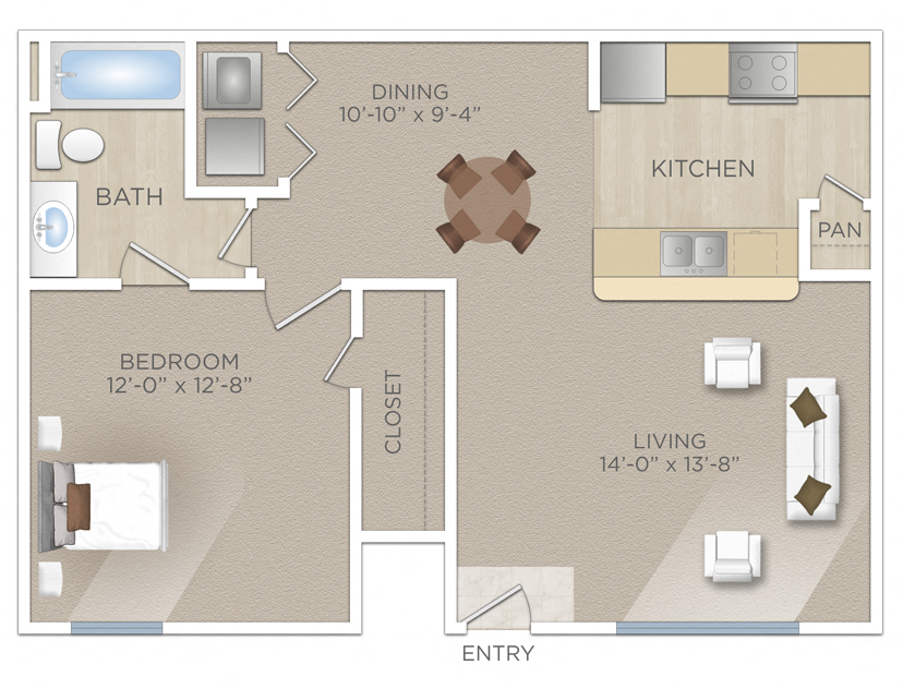 Floor plan for 1 bed, 1 bath, 706 sqft