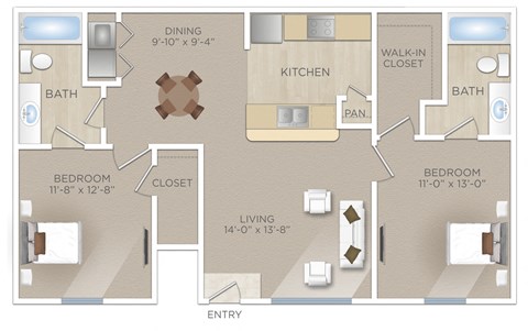 Floor plan for 2 beds, 2 baths, 944 sqft