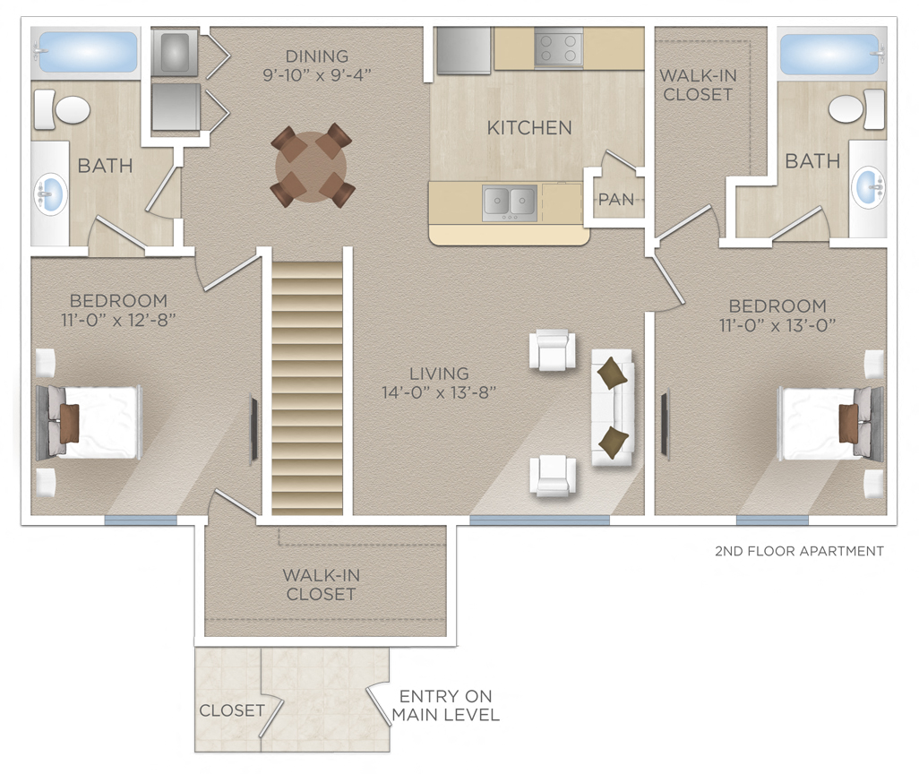 Floor plan for 2 beds, 2 baths, 1031 sqft