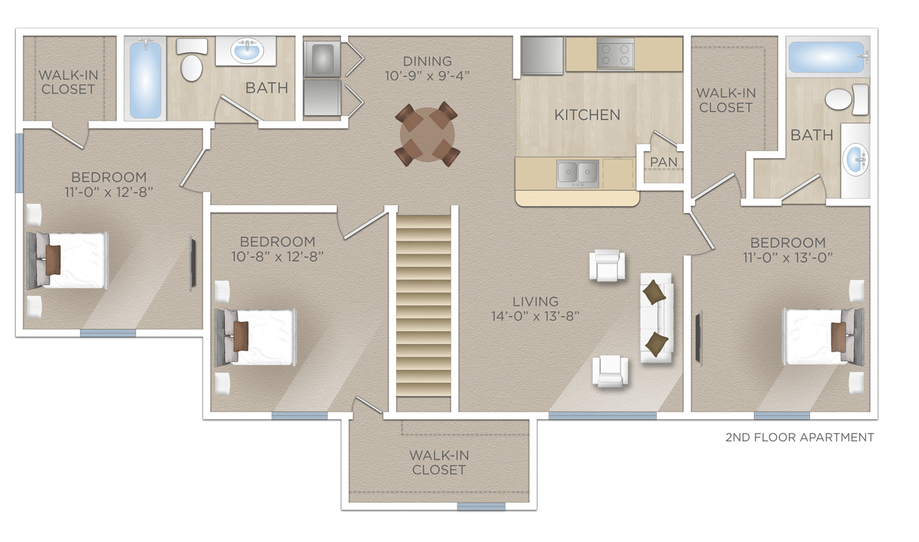 Floor plan for 3 beds, 2 baths, 1233 sqft