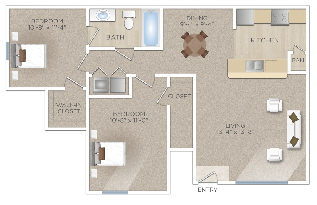 Floor plan for 2 beds, 1 bath, 841 sqft
