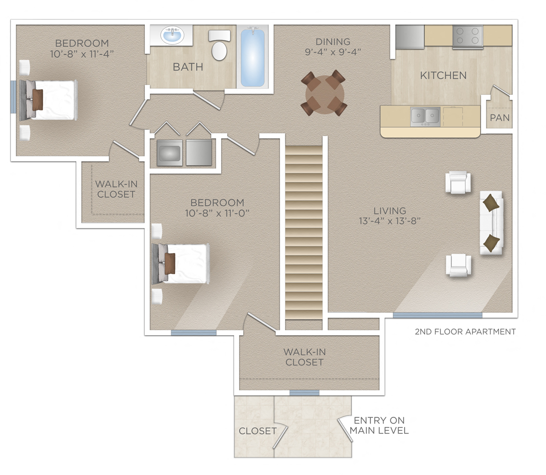 Floor plan for 2 beds, 1 bath, 935 sqft