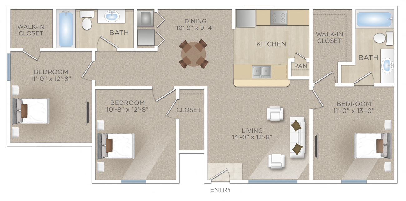 Floor plan for 3 beds, 2 baths, 1146 sqft
