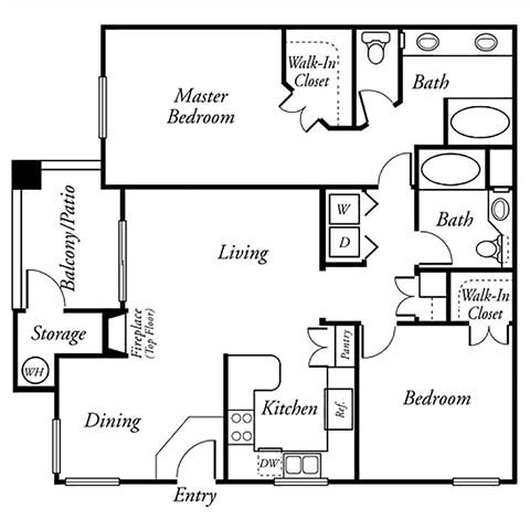 Floor plan for 2 beds, 2 baths, 1123 sqft