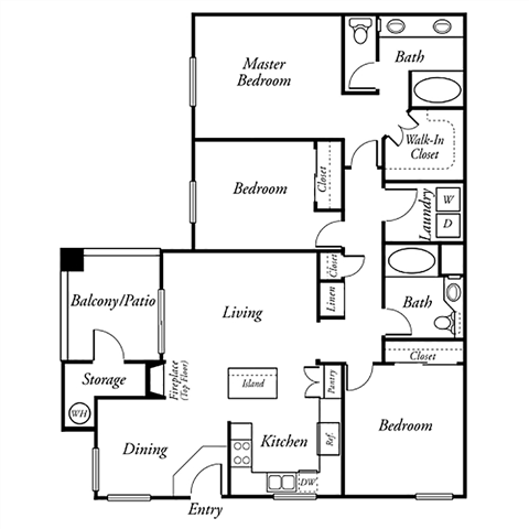 Floor plan for 3 beds, 2 baths, 1380 sqft