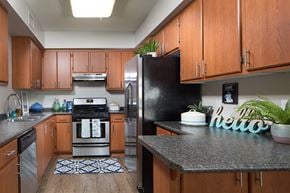 Carlsbad apartment for rent - A kitchen with a black refrigerator and wooden cabinets.