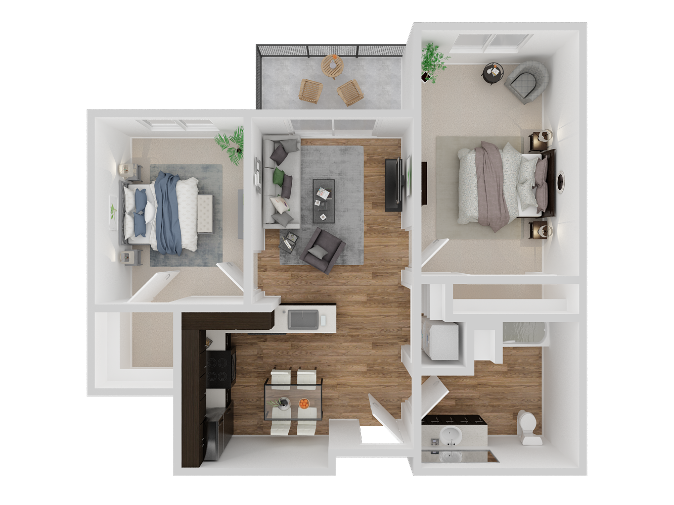 Floor plan for 2 beds, 1 bath, 779 sqft