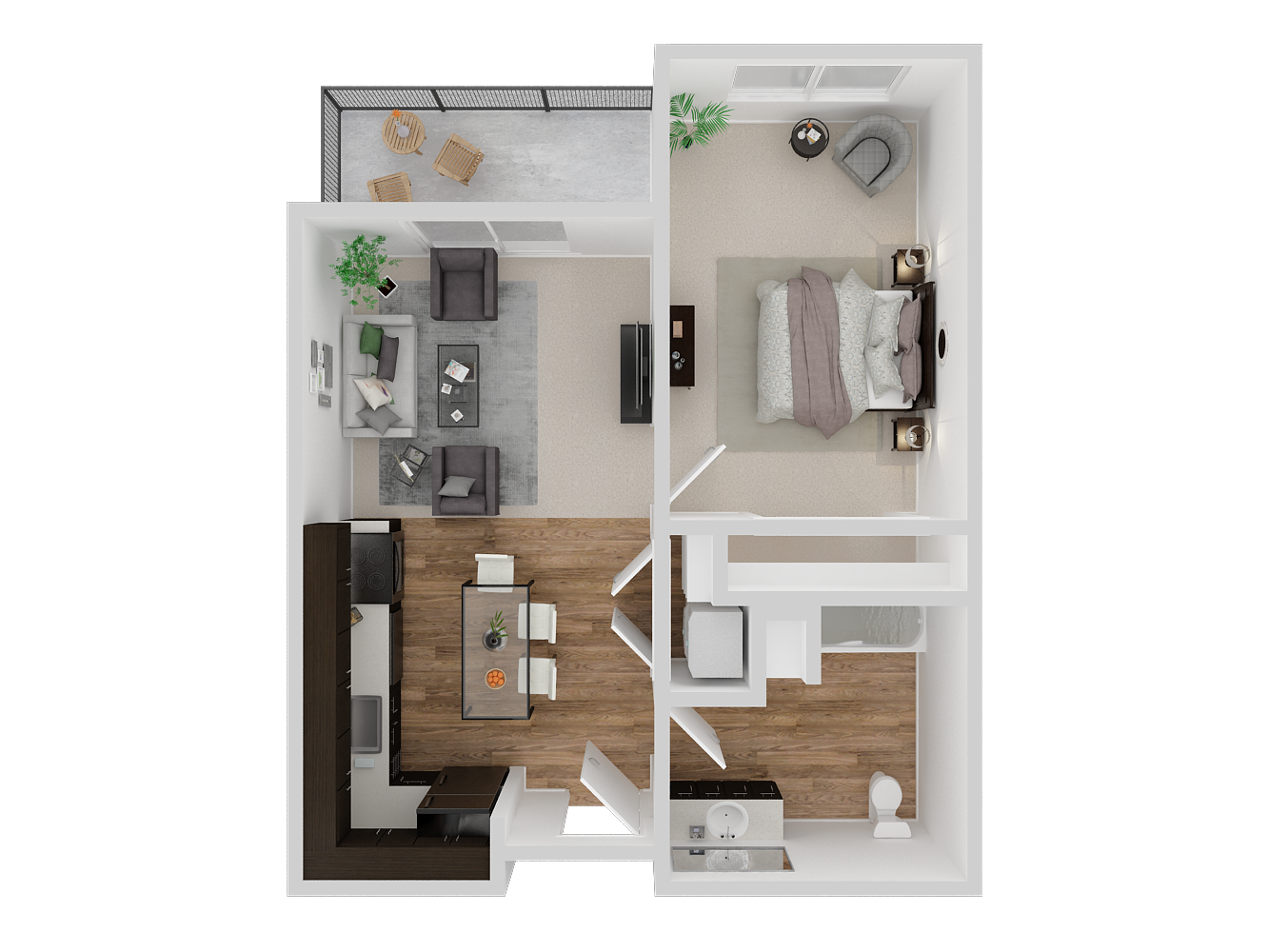 Floor plan for 1 bed, 1 bath, 605 sqft