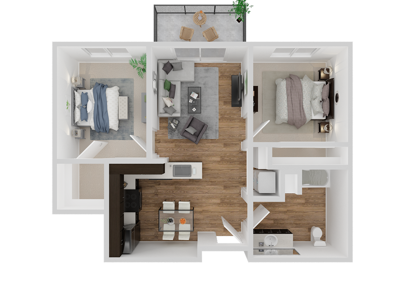 Floor plan for 2 beds, 1 bath, 716 sqft