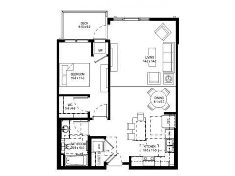 Floor plan for 1 bed, 1 bath, 797 sqft