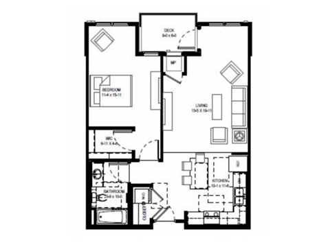 Floor plan for 1 bed, 1 bath, 807 sqft