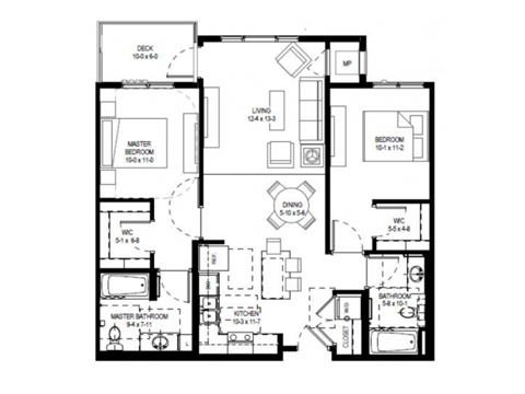 Floor plan for 2 beds, 2 baths, 1029 sqft