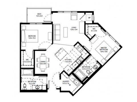 Floor plan for 2 beds, 2 baths, 1013 sqft