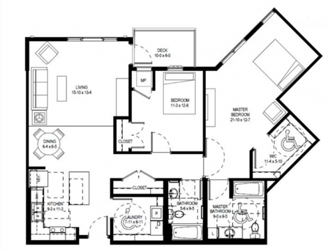 Floor plan for 2 beds, 2 baths, 1315 sqft